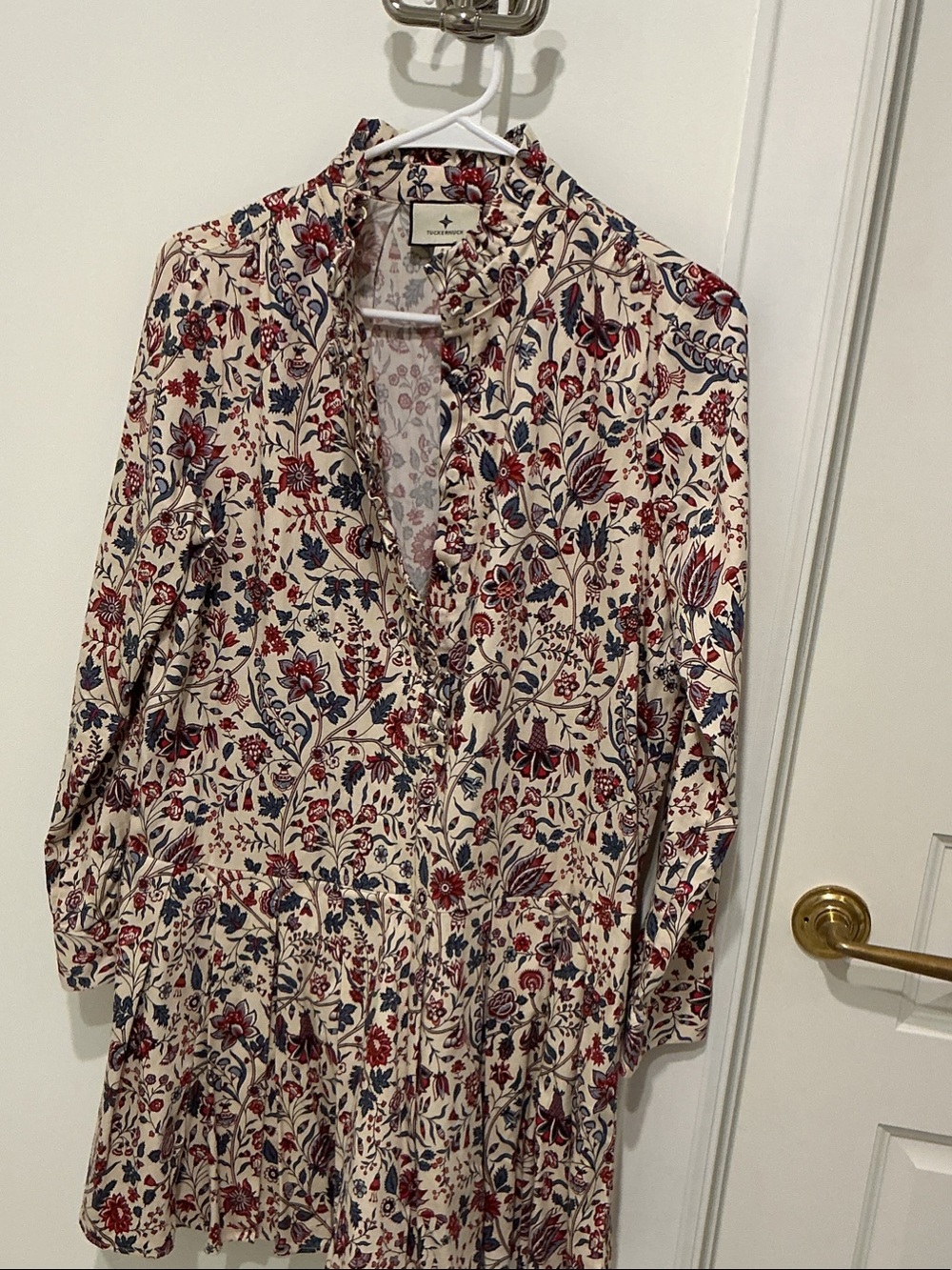 Tuckernuck Cream Floral Long-Sleeve Tiered Dress with Red & Blue Motif